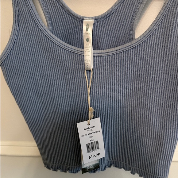 Blue Ribbed Crop Top with Ruffle Trim - Picture 2 of 5